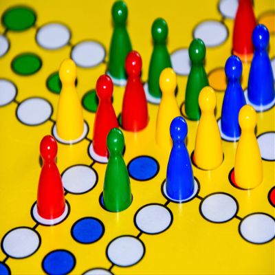 10X7ft Fabric Classic Board Game Pieces Set Backdrop, Colorful Plastic Playing Pawns in Red, Blue, Green, Yellow for Traditional Table Games Background, Party Game Accessories