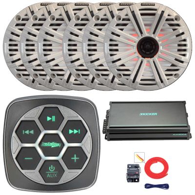 Marine Bluetooth 3-Zone Controller, 6X 6.5 195W Max Power 4 Ohm RGB LED Coaxial Speakers, 6X 6.5 Grille Speakers, 6-Channel 50 Watts x 6 Class D Amplifier, Amp Wiring Kit (White)