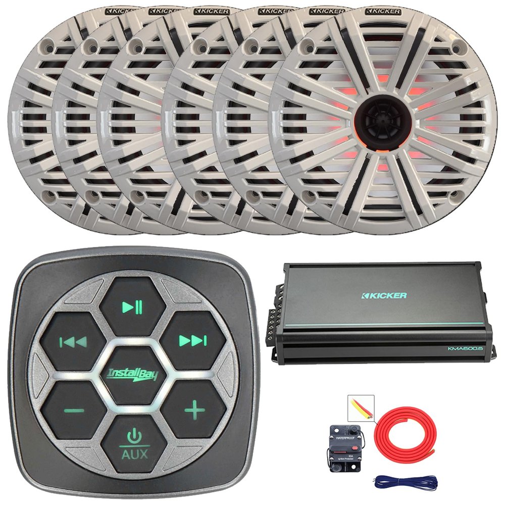 Marine Bluetooth 3-Zone Controller, 6X 6.5 195W Max Power 4 Ohm RGB LED Coaxial Speakers, 6X 6.5 Grille Speakers, 6-Channel 50 Watts x 6 Class D Amplifier, Amp Wiring Kit (White)