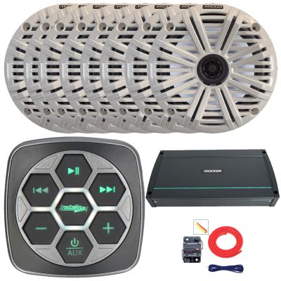 Marine Bluetooth 3-Zone Controller, 8X 6.5 195 Watt Max Power 4 Ohm Coaxial Speakers, 8X 8 Grille Speakers, 800 Watt 8-Channel Full-Range Class D Amplifier, Amp Install Kit (White)