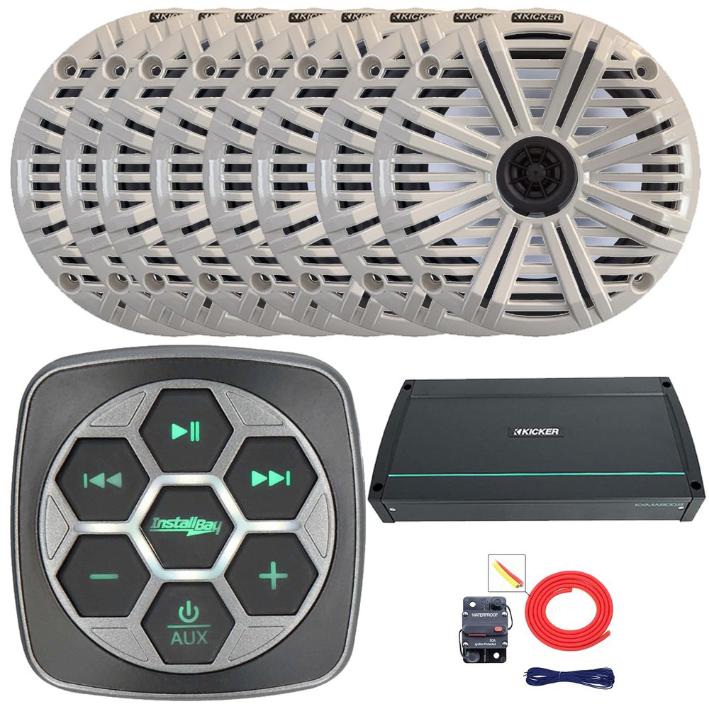 Marine Bluetooth 3-Zone Controller, 8X 6.5 195 Watt Max Power 4 Ohm Coaxial Speakers, 8X 8 Grille Speakers, 800 Watt 8-Channel Full-Range Class D Amplifier, Amp Install Kit (White)