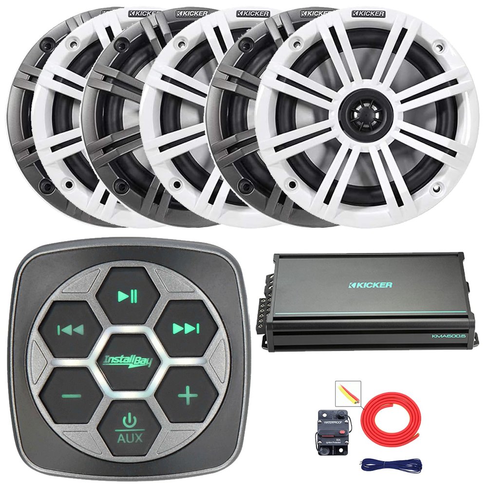 Marine Bluetooth 3-Zone Controller, 6X 6.5 195 Watt Max Power 4-Ohm Boat Coaxial Speakers W/Charcoal and White Grilles, 6-Channel 50 Watts x 6 Weather-Resistant Class D Amplifier, Amp Install Kit