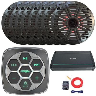 Marine Bluetooth 3-Zone Controller, 8X 6.5 195 Watt Max Power 4 Ohm RGB LED Coaxial Speakers, 8X 6.5 Grille Speakers, 800 Watt 8-Channel Class D Amplifier, Amp Install Kit