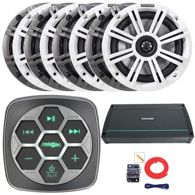 Marine Bluetooth 3-Zone Controller, 8X 6.5 195 Watts Max Power 4-Ohm Boat Coaxial Speakers W/Charcoal and White Grilles, 800 Watt 8-Channel Full-Range Class D Amplifier, Amp Install Kit