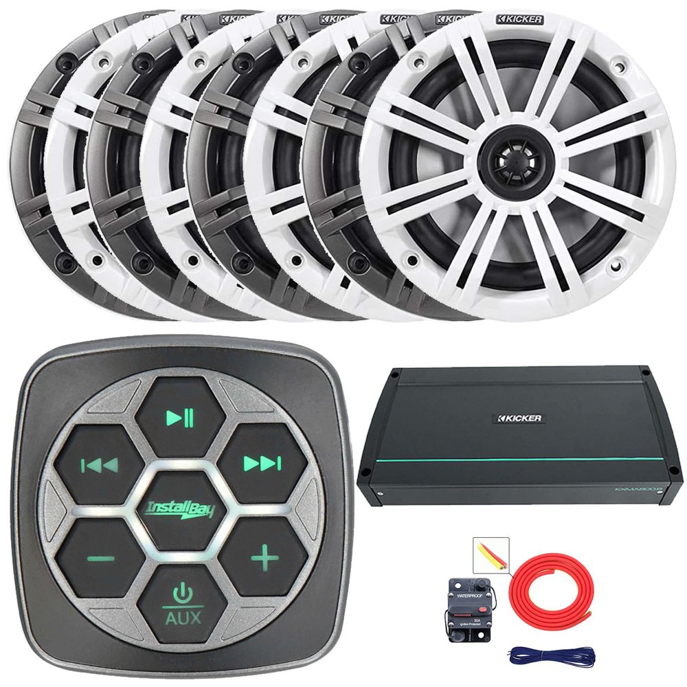Marine Bluetooth 3-Zone Controller, 8X 6.5 195 Watts Max Power 4-Ohm Boat Coaxial Speakers W/Charcoal and White Grilles, 800 Watt 8-Channel Full-Range Class D Amplifier, Amp Install Kit