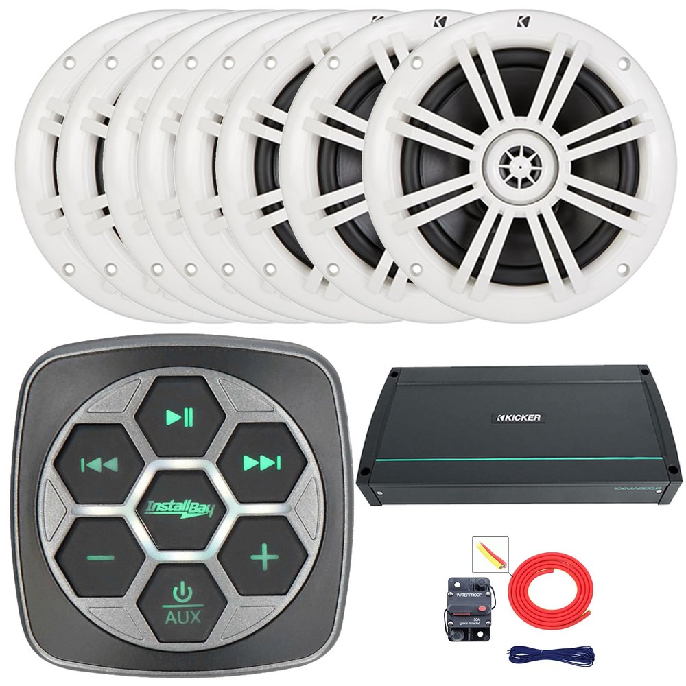 Metra IBBTR19 Marine Bluetooth 3-Zone Controller, 8X 6.5 150 Watts Max Power 2-Way Boat Coaxial White Speakers, 800 Watt 8-Channel Full-Range Class D Amplifier, 8 Gauge Amplifier Installation Kit