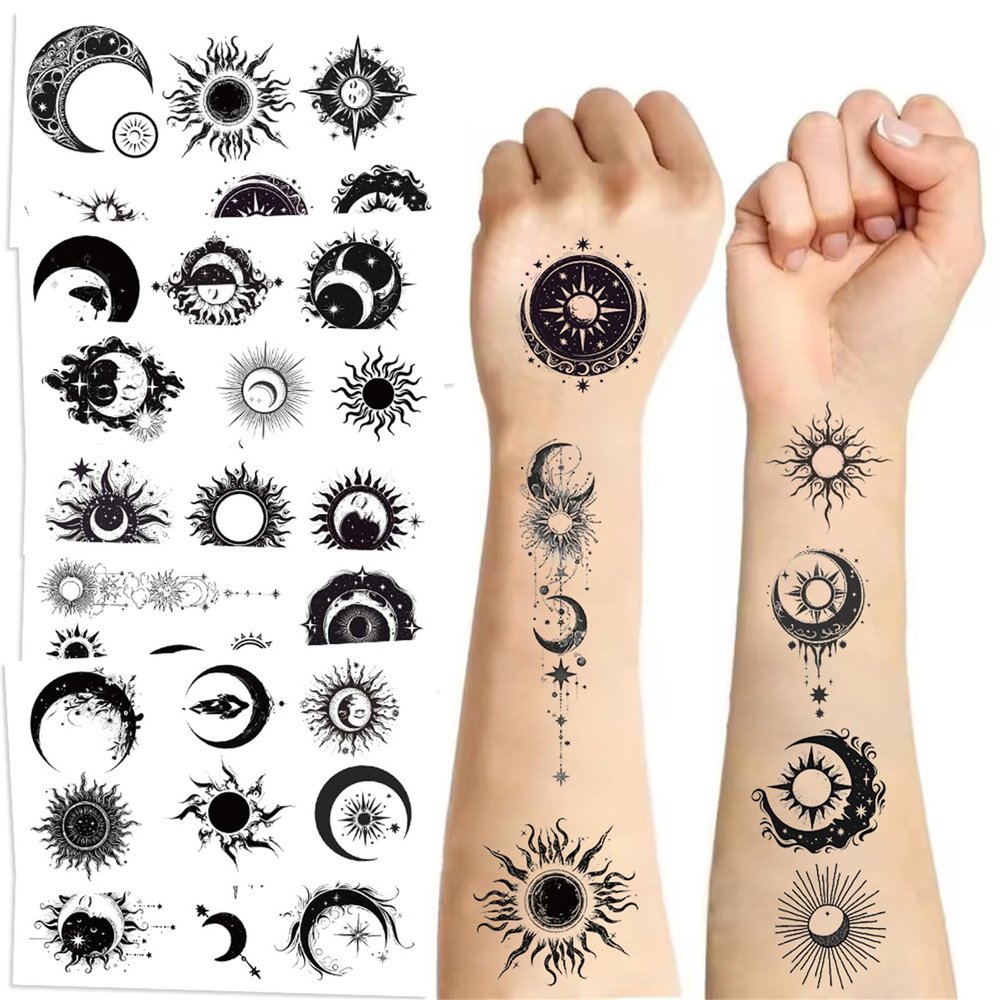 10 Sheets Sun & Moon Temporary Tattoos Birthday Themed Party Supplies Decoration Favors Lunar & Solar Sticker Teenagers, men, women Activity Class Prizes