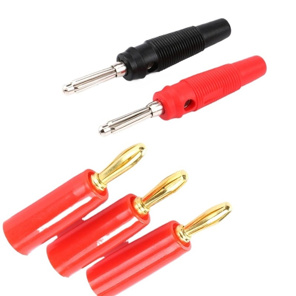 10Pcs 4mm Gold Plated Banana Pure Copper Solderless Side Stackable Banana Connector Red and Black(50R)