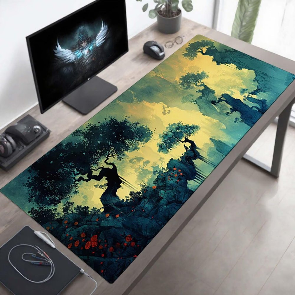 Mouse Pad Black Gaming Mouse Pad Tree Computer Desk Mat Keyboard Mat with Stitched Edges Waterproof Anti-Slip Rubber Base Smooth Surface PC for Home Office Accessories, Gifts 32 x 16 in PjY1774 F-B