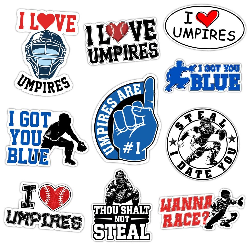 (10 Pcs) Umpire Sticker Pack, Funny Baseball & Softball Vinyl Decals, I Love Umpires, I Got You Blue, Thou Shalt Not Steal, Waterproof Stickers for Umpires, Coachers, Catchers, Sports Fans
