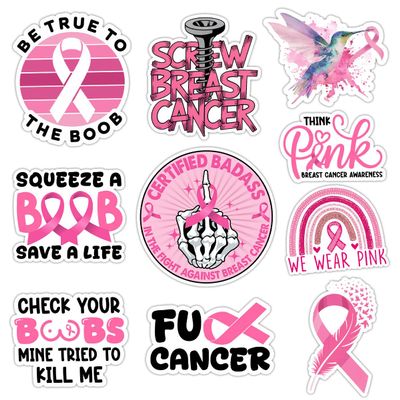 (10 Pcs) Breast Cancer Awareness Stickers Pack Pink Ribbon Decals, Funny Motivational Cancer Survivor Vinyl Waterproof Stickers for Laptop, Water Bottle, Car