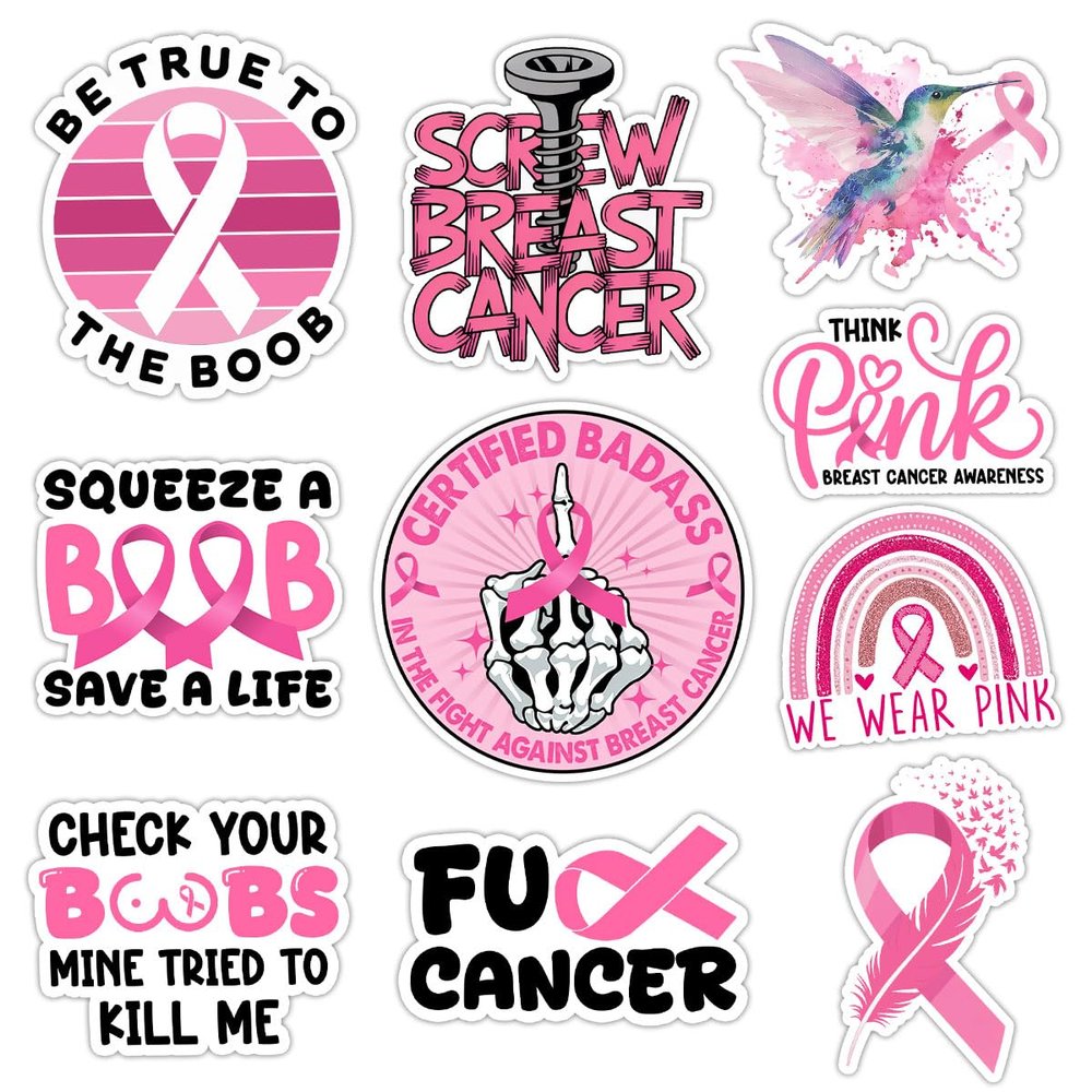 (10 Pcs) Breast Cancer Awareness Stickers Pack  Pink Ribbon Decals, Funny Motivational Cancer Survivor Vinyl Waterproof Stickers for Laptop, Water Bottle, Car