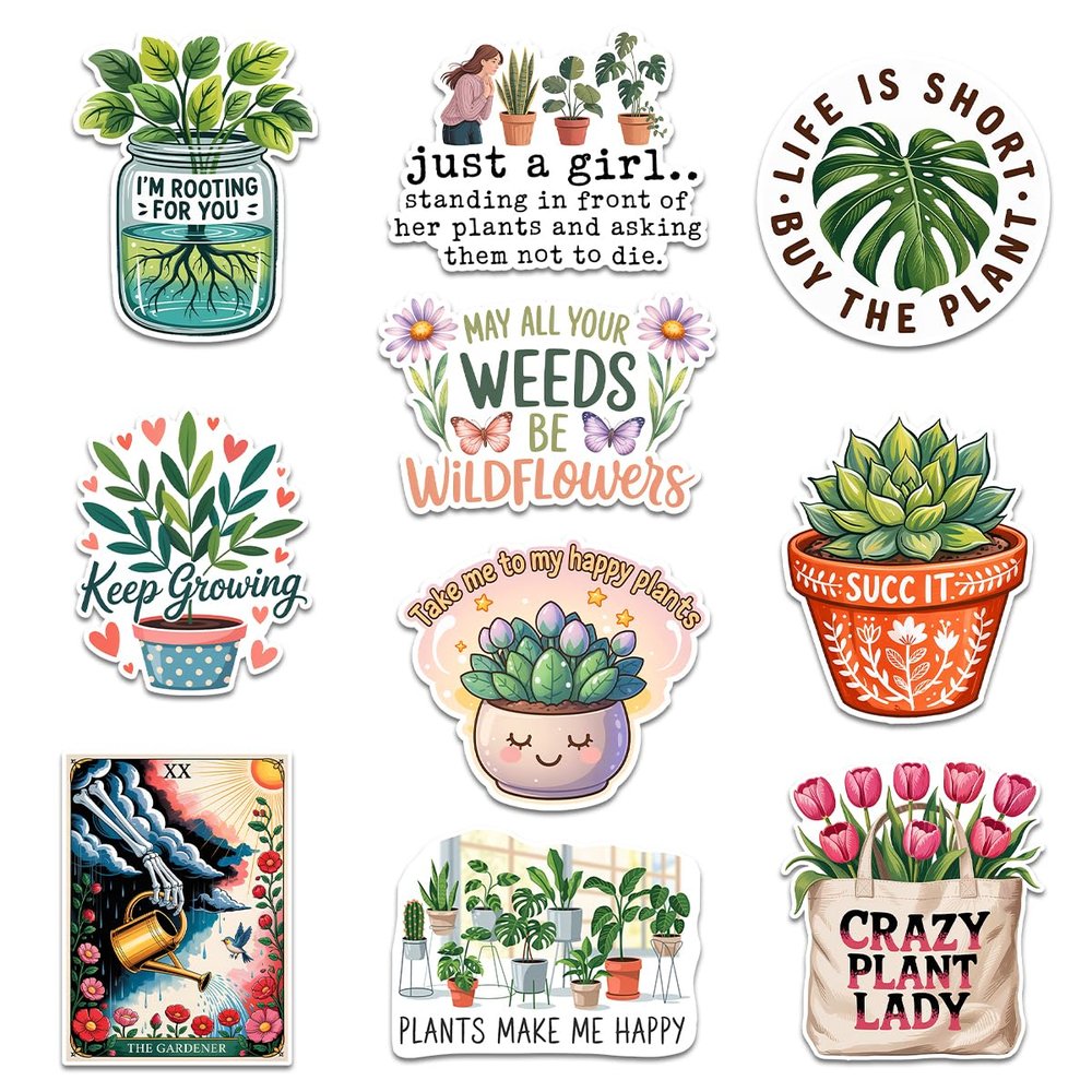 (10 Pcs) Funny Plant Stickers Vinyl Waterproof Gardening Sticker Pack Plants Quotes & Succulents, Decals fot Water Bottle, Journal Gifts for Gardeners, Plant Moms & Nature Lovers