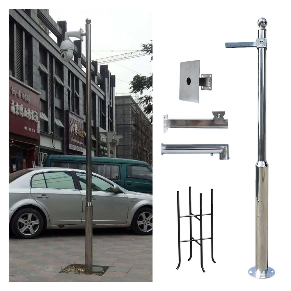 ERRULAN 304 Stainless Steel Security Pole, Camera Surveillance Pole and Bracket for School Backyard Porch Patio Walkway, Wide Angle CCTV Pole with Quick Setup(Height 4.9+4.9 ft)