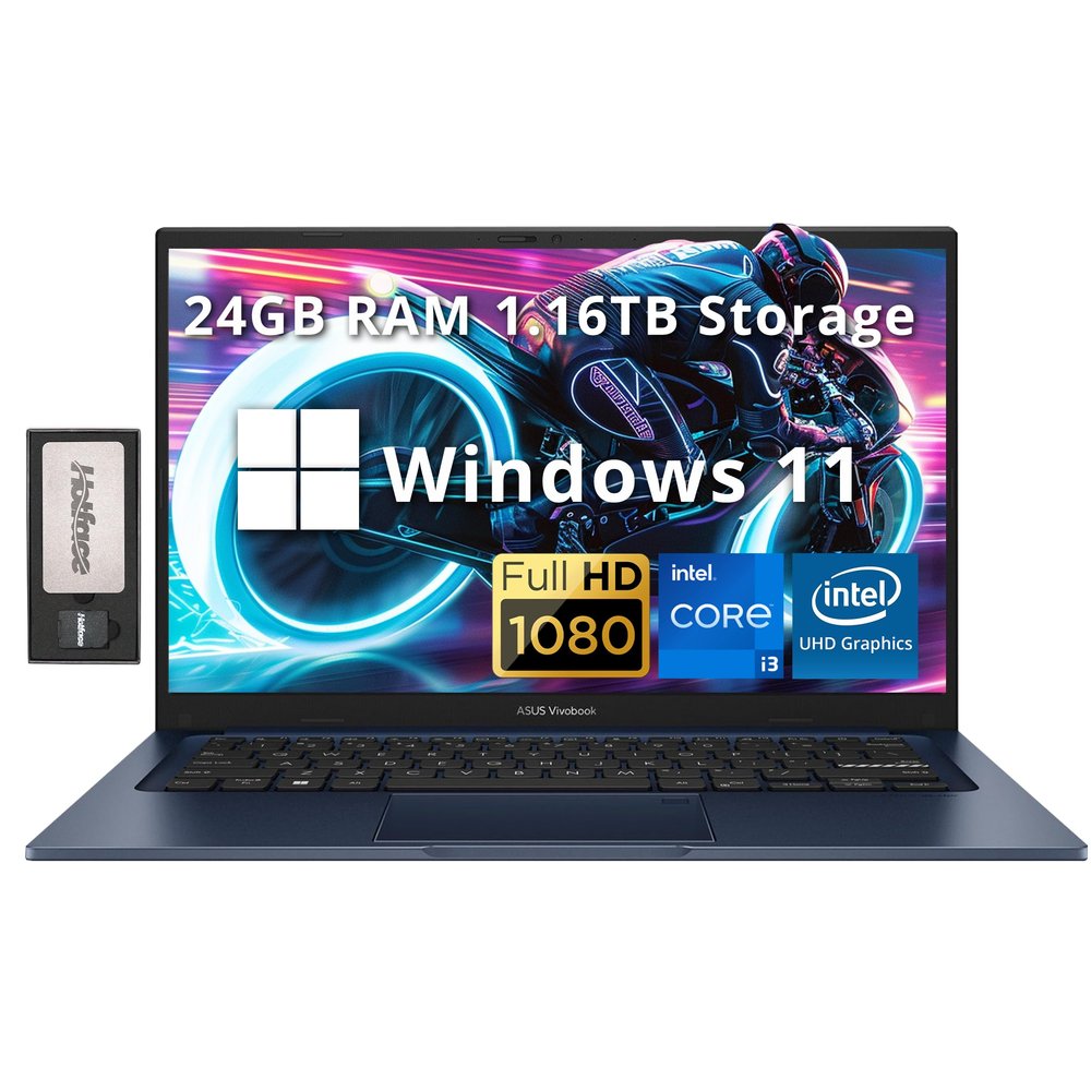 ASUS Vivobook 14" FHD IPS Laptop for Business & Student, Intel i3-1215U, 24GB RAM, 1.16TB Storage(1TB SSD+160GB Docking Station Set), Intel UHD Graphics, HD Camera, WiFi 6E, Windows 11, Quiet Blue