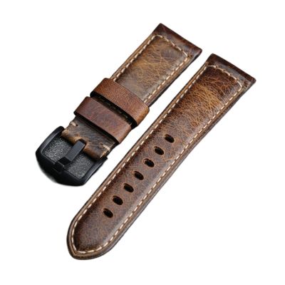 INEOUT Hand-Made Leather Watchband Compatible With PAM111 441 Italian Top Layer Strap, Oil Wax 20 22 24 26MM Male(Black clasp,24mm)