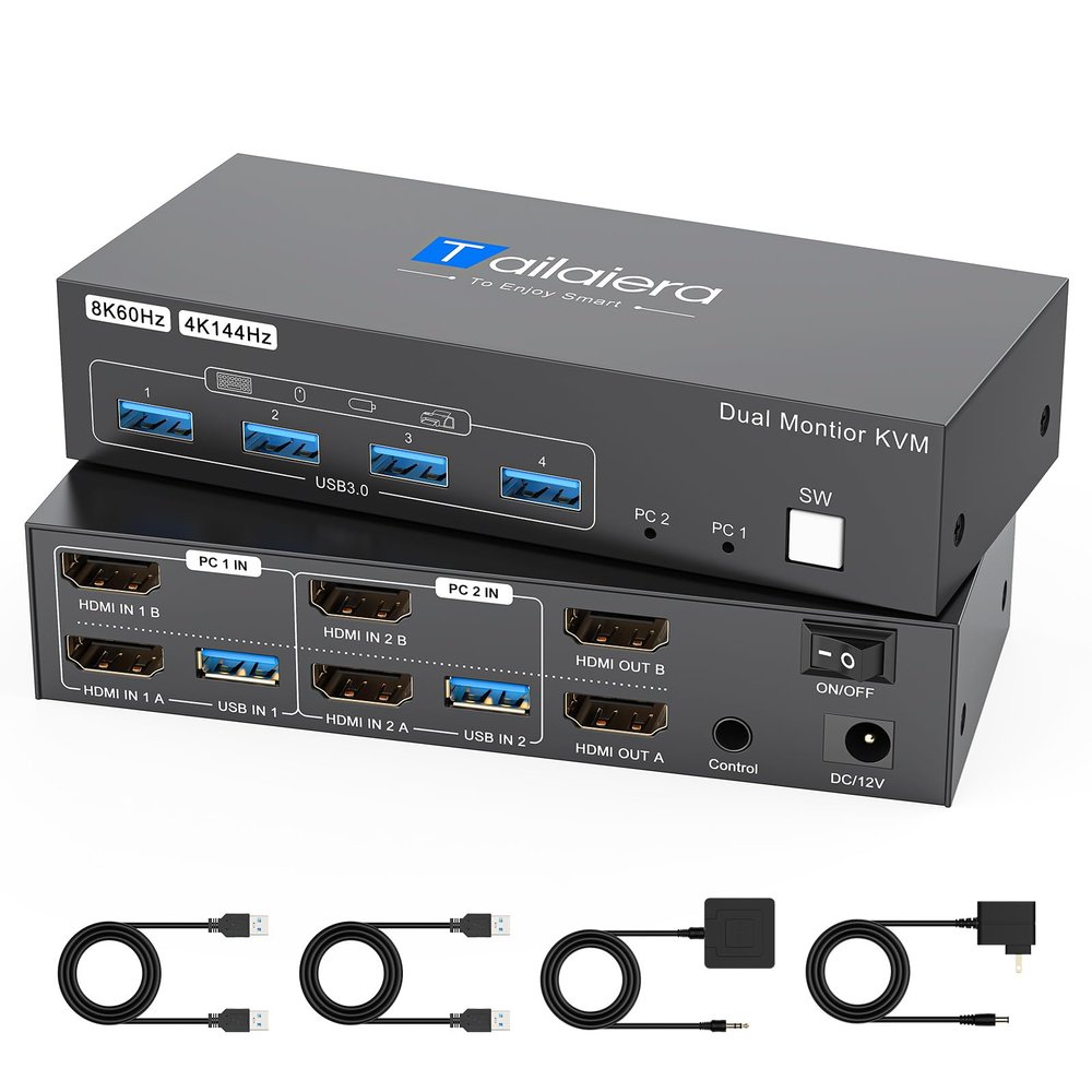 8K 60Hz Kvm Switch 2 Monitors 2 Computers, Support 4K 120Hz Kvm Switch,KVM Switches for 2 Computers Share Mouse Keyboard and 2 Screens, with USB 3.0 Cables and Extended Controller Plug and Play