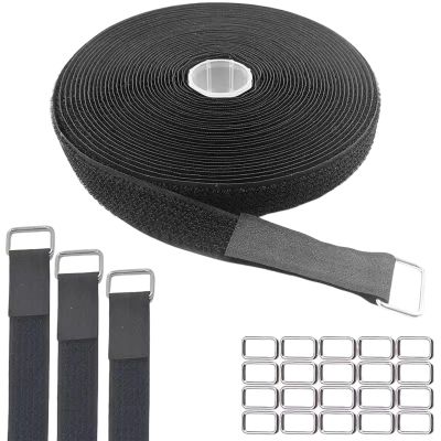1"x32ft Hook and Loop Straps with 50 Metal Buckles, Adjustable Fastening Cable Straps, Cut-to-Length Cinch Strap, Reusable Nylon Securing Cord Ties for Organizer or Storage,Cable Management