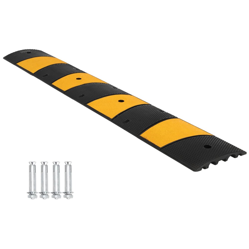 6FT Rubber Speed Bump - Durable Heavy-Duty Rubber, 22,000 lbs Load Capacity, Integrated Cable Protection Channels, Bright Reflective Safety Strips, Easy Installation with Expansion Screws