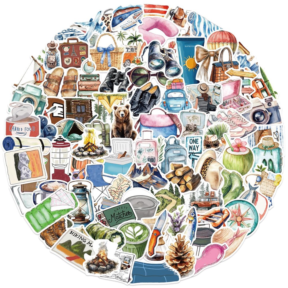 100Pcs Aesthetic Holiday Travel Stickers, Outdoor Camping Hiking Stickers for Laptop, Suitcase, Water Bottle, Bicycle, Notebooks, Scrapbooking, Waterproof Vinyl Anime Decals