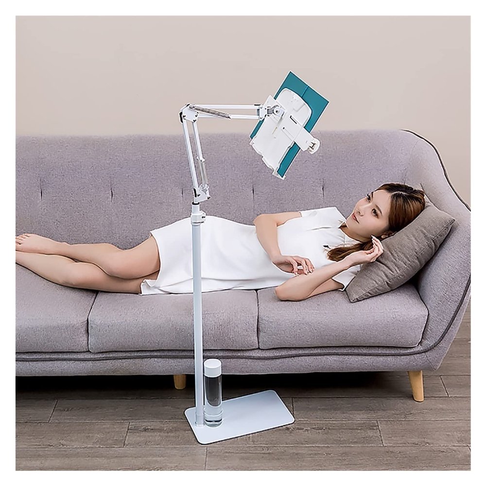 Adjustable Floor Reading Stand Book Holder with Lamp Multi Angle Rotation Adjustable Height Long Arm Table Bed Sheet Music Stand Floor Bracket for Hands Free Reading and Cooki