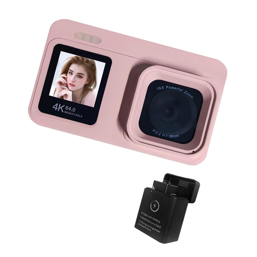 4K 64MP Screen Camera 18x Zoom Rechargeable W/Portable Case for Travel Vlog Beginners Double Screen Digital Camera
