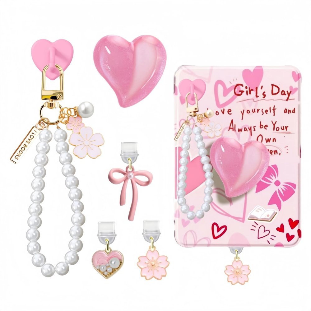 6PCS Charms Set Compatible with Kindle, Accessories Including Dust Plug Charm Type C/USB C, Charm Chain with Hook, Heart Grip Holder, Compatible with Kindle Paperwhite 11th 12th Generation(Pink)