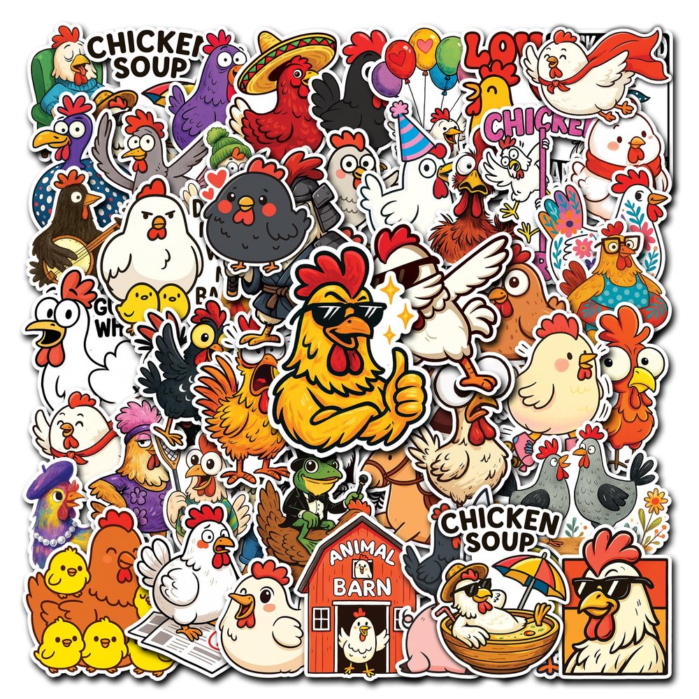 HIZILY 50 Pcs Funny Chicken Stickers Cute Rooster Sticker Farm Animal Vinyl Decal Water Bottle Laptop Scrapbook Journal Phone Skateboard Guitar Luggage Helmet Gifts for Teens Adults Students
