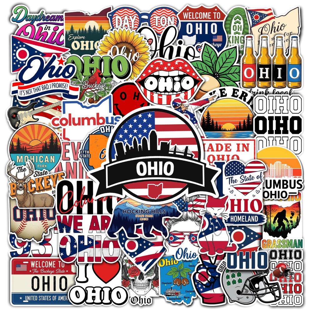 HIZILY 50 Pcs Ohio Stickers Buckeye State Sticker Waterproof Vinyl Decals Ohio Party Supplies Decorations Water Bottles Laptop Luggage Helmet Car Window Phone Skateboard Gifts for Men Women