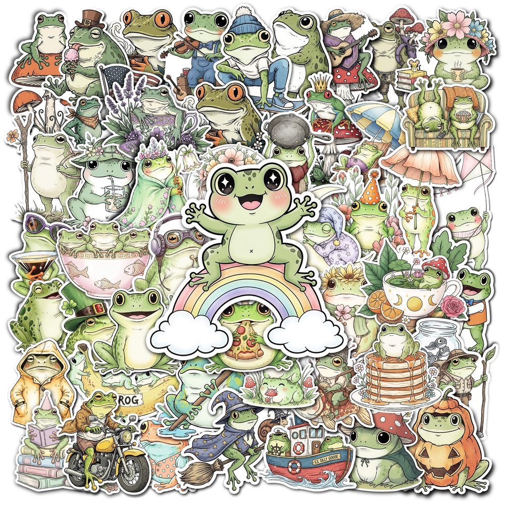 HIZILY 50 Pcs Cartoon Frog Stickers Mushroom Frog Sticker Waterproof Cute Animal Green Vinyl Decal Journaling Laptop Scrapbook Water Bottles Suitcase Phone Skateboard Gifts for Women Adults