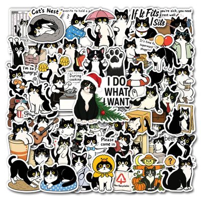HIZILY 50 Pcs Tuxedo Cat Stickers Black White Cats Vinyl Decal Waterproof Cute Kitty Sticker Laptop Water Bottle Scrapbooking Journal Phone Skateboard Luggage Gifts for Teens Women Pet Owners