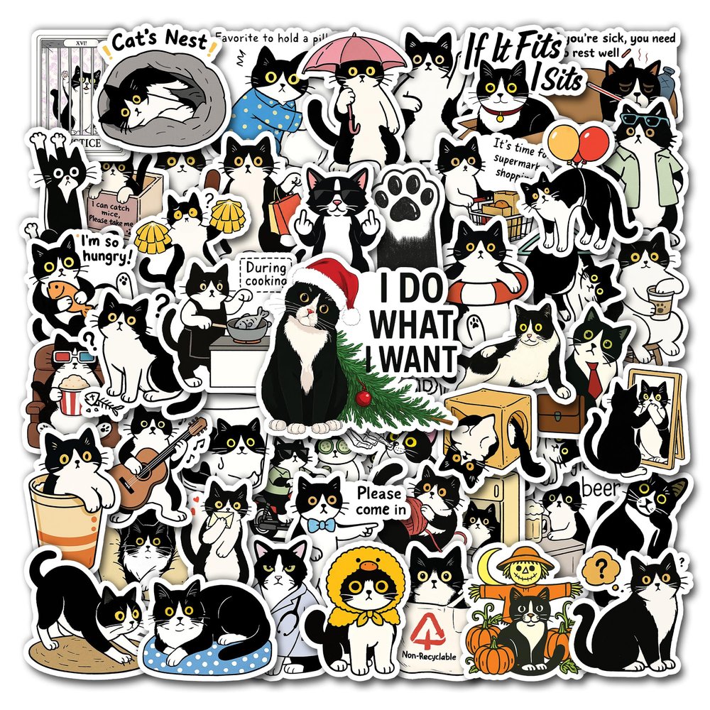 HIZILY 50 Pcs Tuxedo Cat Stickers Black White Cats Vinyl Decal Waterproof Cute Kitty Sticker Laptop Water Bottle Scrapbooking Journal Phone Skateboard Luggage Gifts for Teens Women Pet Owners