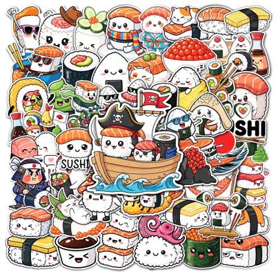 HIZILY 50 Pcs Sushi Stickers Kawaii Japanese Food Sticker Cute Rice Roll Vinyl Decal Water Bottle Fridge Kitchen Laptop Tablet Phone Suitcase Scrapbook Skateboard Helmet Gifts for Adults Women