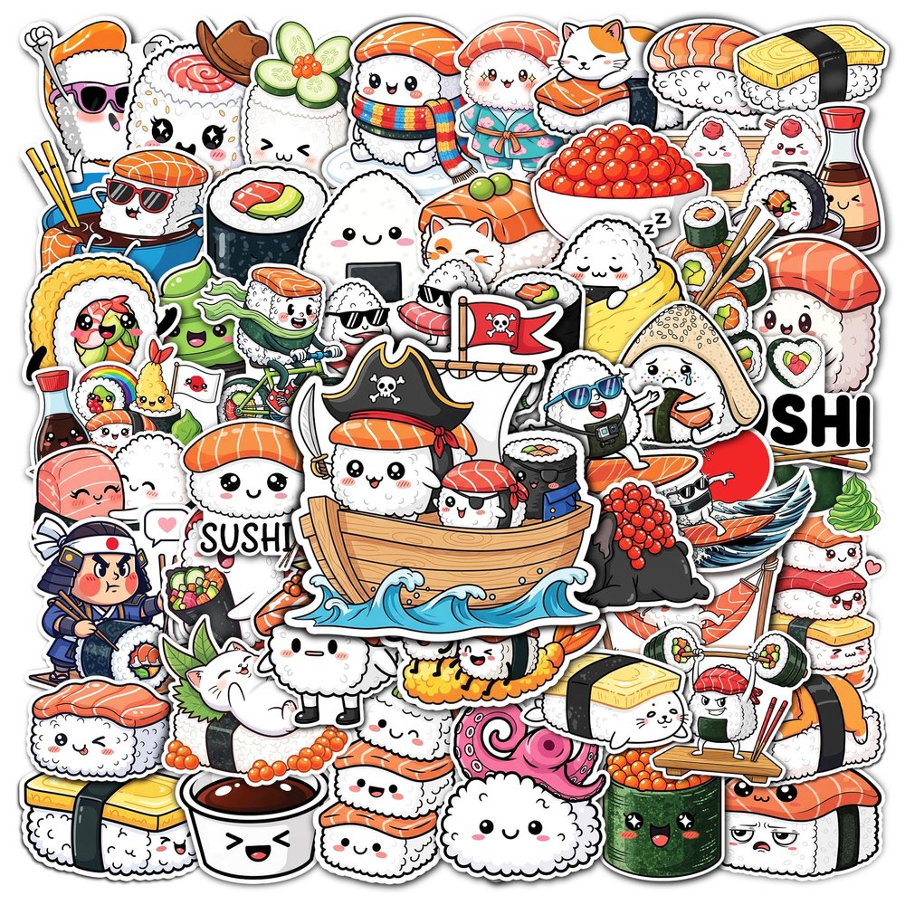 HIZILY 50 Pcs Sushi Stickers Kawaii Japanese Food Sticker Cute Rice Roll Vinyl Decal Water Bottle Fridge Kitchen Laptop Tablet Phone Suitcase Scrapbook Skateboard Helmet Gifts for Adults Women