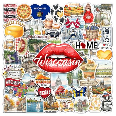 HIZILY 50 Pcs Wisconsin Stickers Waterproof WI State Vinyl Decal America Travel Sticker Laptop Water Bottle Tablet Luggage Scrapbook Journal Helmet Skateboard Phone Gifts for Men Women Adults