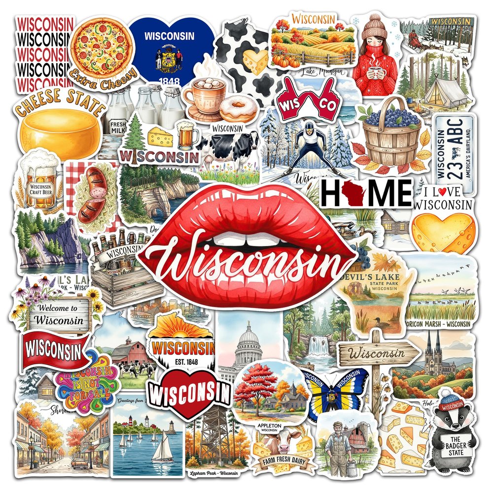 HIZILY 50 Pcs Wisconsin Stickers Waterproof WI State Vinyl Decal America Travel Sticker Laptop Water Bottle Tablet Luggage Scrapbook Journal Helmet Skateboard Phone Gifts for Men Women Adults