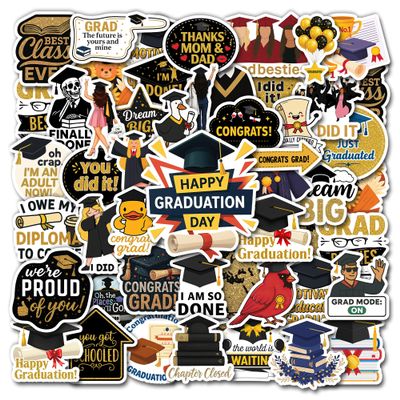 HIZILY 50 Pcs Graduation Stickers Congrats Grad Vinyl Decals End of School Sticker Laptop Water Bottle Scrapbooking Journal Tablet Phone Cap Hat Guitar Cup Whiteboard Gifts for Students Teens