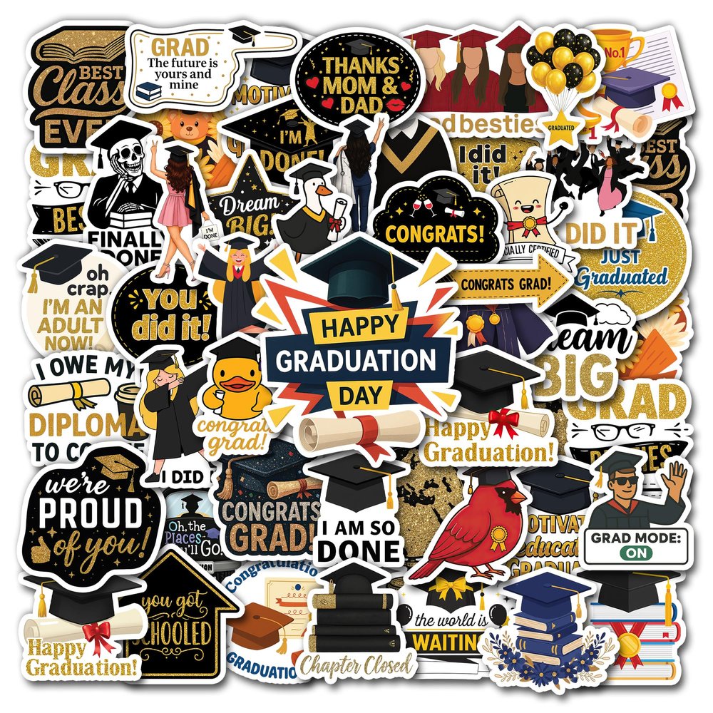 HIZILY 50 Pcs Graduation Stickers Congrats Grad Vinyl Decals End of School Sticker Laptop Water Bottle Scrapbooking Journal Tablet Phone Cap Hat Guitar Cup Whiteboard Gifts for Students Teens
