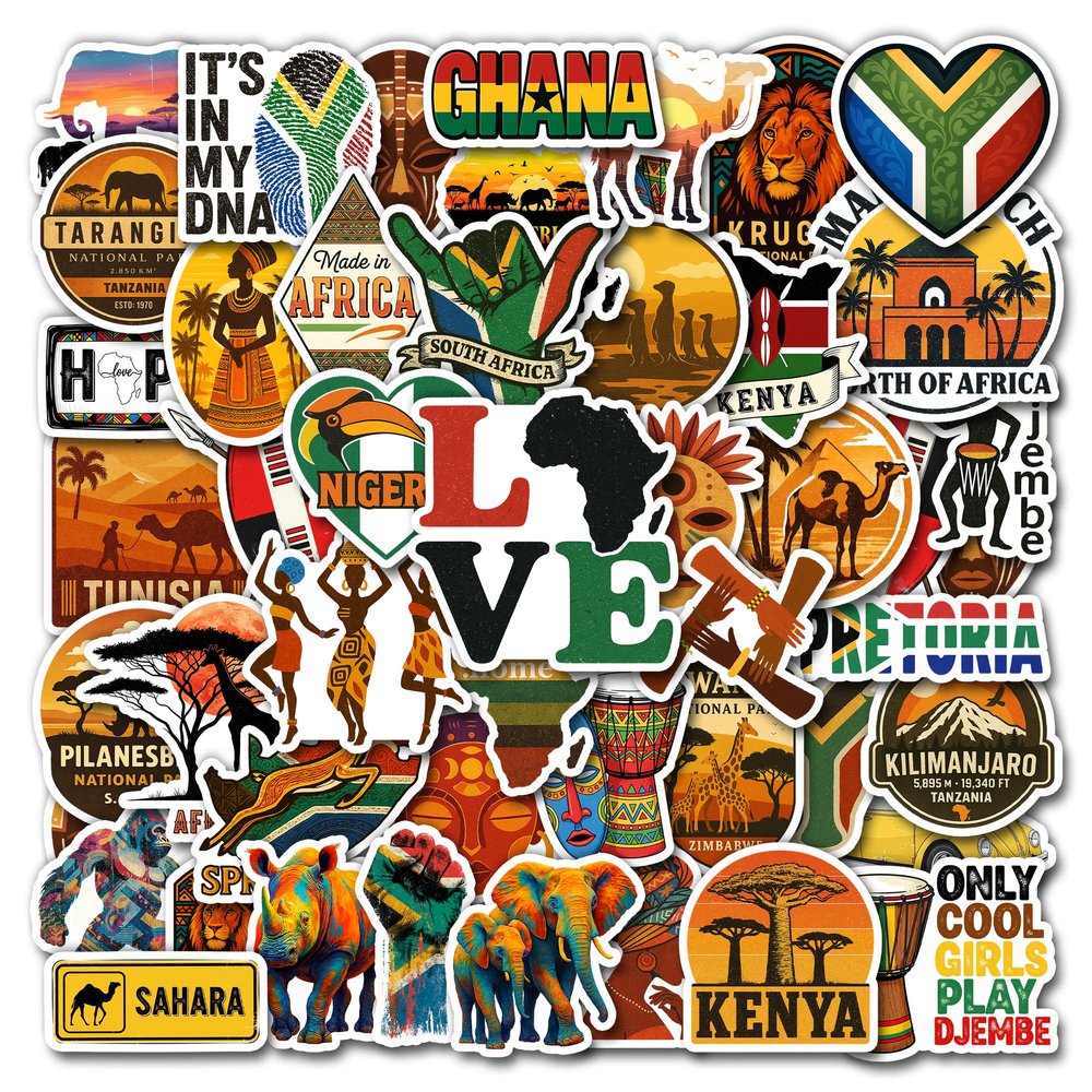 HIZILY 50 Pcs Africa Stickers Waterproof African Culture Vinyl Decal Travel Destination Sticker Laptop Water Bottle Luggage Tablet Phone Cup Scrapbook Journal Skateboard Gift for Teens Adults