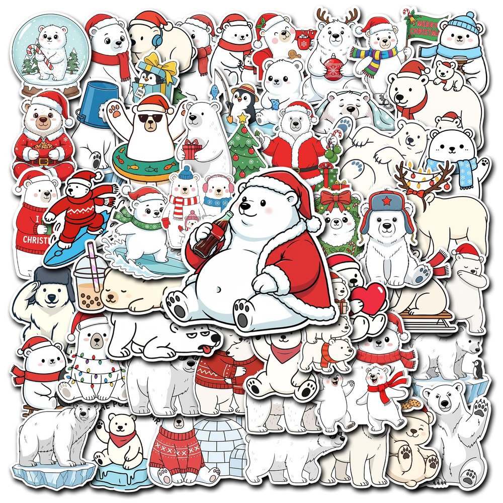 HIZILY 50 Pcs Polar Bear Stickers Arctic Animal Vinyl Decal Waterproof Christmas Winter Animals Sticker Laptop Water Bottle Scrapbook Journal Snowboard Helmet Gifts for Adults Women