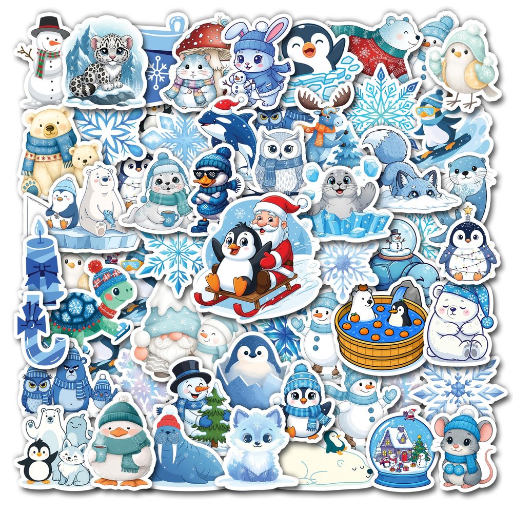 HIZILY 50 Pcs Winter Arctic Animal Stickers Polar Animals Sticker Snowflake Christmas Vinyl Decal Holiday Party Favors Water Bottle Laptop Scrapbooking Skateboard Phone Gifts for Women Adults