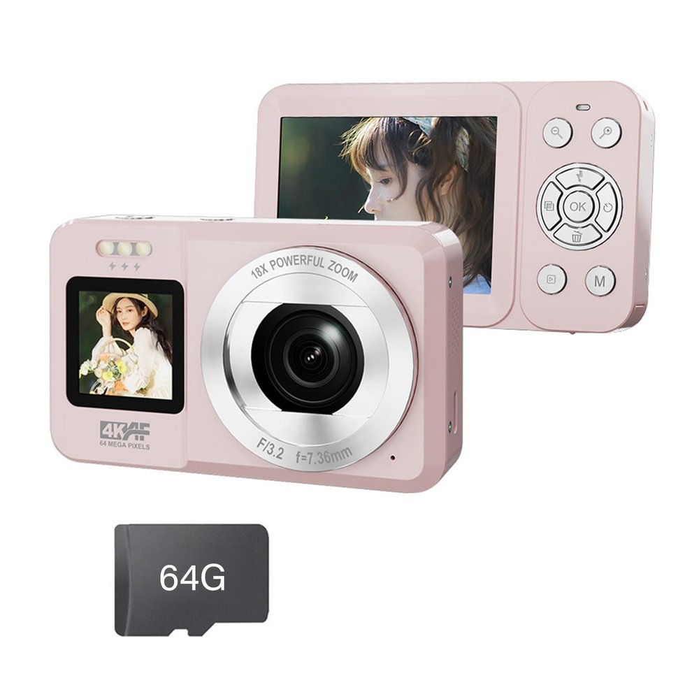 18X Zoom,4K 64MP Digital Camera, Double Screen Selfie Vloggings,Compactly Design with Charging Case,Easy Operate for Beginners Photography Digital Camera Zooming for Students Youth for Travel