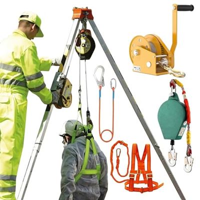 Confined Space Tripod Kit with 1200lbs Hand Winch, Safety Belt and Anti-Dropping Device, Fire Emergency Rescue Tripod Kit for High Places/Cliffs/Well Pipe/Tunnels(1800LBS Winch+Falling Protecto