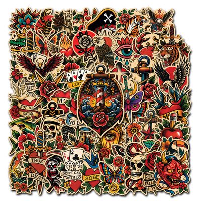 HIZILY 50 Pcs Vintage Graffiti Stickers Traditional Tattoo Vinyl Decal Retro Horror Sticker Skateboard Laptop Water Bottle Motorcycle Guitar Phone Cup Helmet Luggage Gifts for Adults Men Women