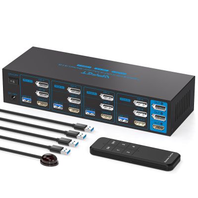 8K HDMI + 2 Displayport KVM Switch 3 Monitors 4 Computers 4K144Hz USB 3.0 KVM Switches Triple Monitor for 4 Computer Share 3 Monitor and 4 USB 3.0 Ports Support Extended/Copy Mode