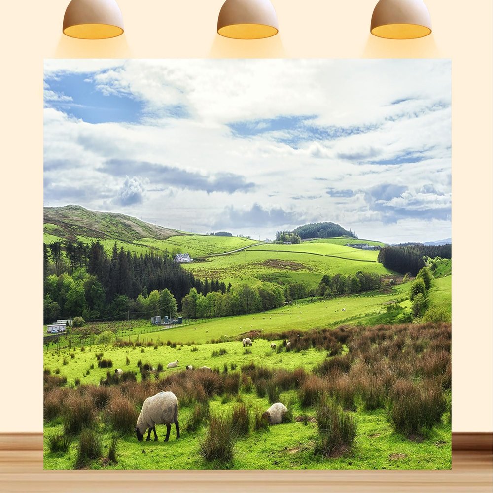 10X5ft Fabric Irish Countryside Photography Backdrop, Rural Landscape with Rolling Hills, Grazing Sheep, Green Meadows, Nature Scene Background, for Studio, Party, Professional Photos