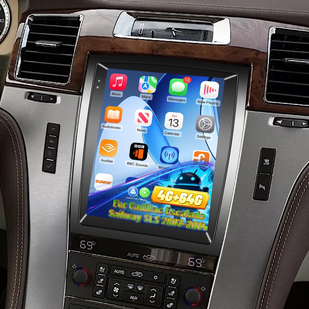 [4G+64G] Vertical Car Radio for Cadillac Escalade Sailway SLS 2007-2014, Volxcereo 9.7 inch Android Touchscreen Stereo with Carplay/Android Auto, GPS, WiFi, Bluetooth, SWC, FM/RDS