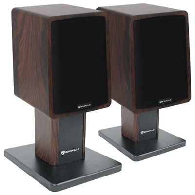 Rockville ELITE-5D Bundle: Dark Wood 800W 5.25" Bluetooth Bookshelf Speakers, Pair RHT8D Monitor Desktop Stands, 2 Items