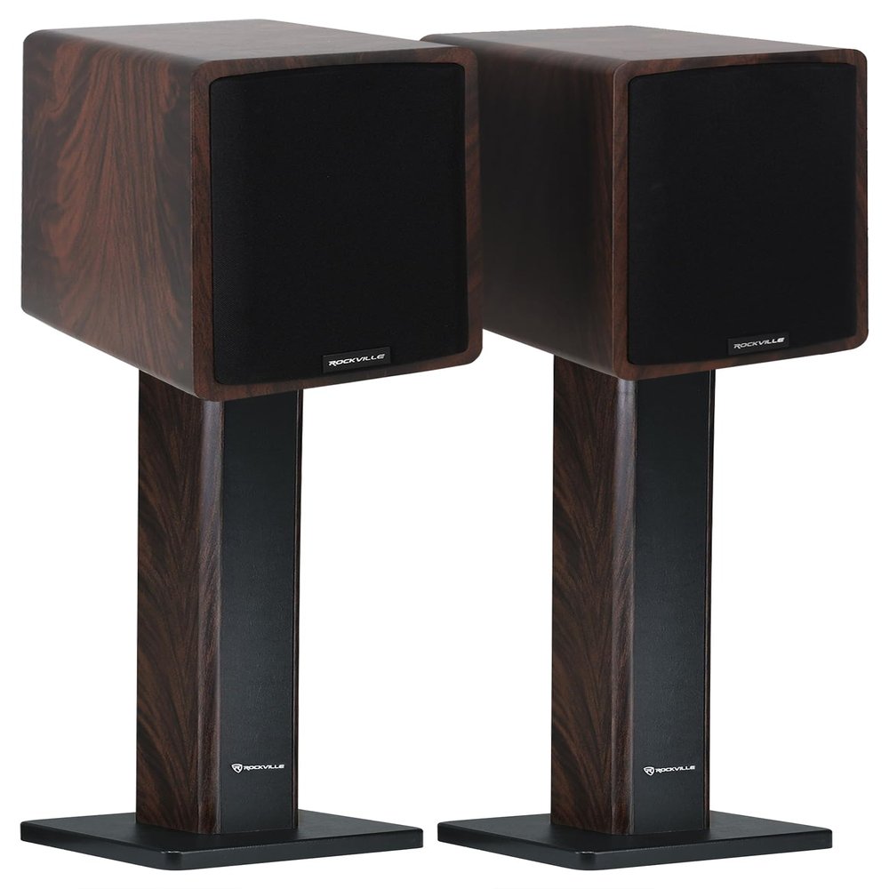Rockville ELITE-5D Bundle: Dark Wood 800W 5.25" Powered Bluetooth Bookshelf Speakers, Pair RHT28D 28" Speaker Stands, 2 Items