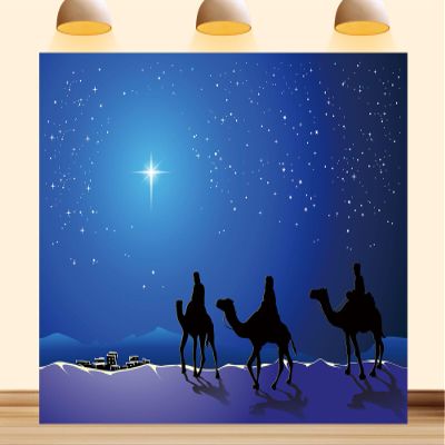 10X7ft Fabric Christmas Nativity Scene Backdrop, Star of Bethlehem Wall Art, Religious Photography Background, Church Manger Display, Blue Night Sky